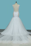 2024 Mermaid Spaghetti Straps Tulle Vestidos de novia con apliques Cathedral Train