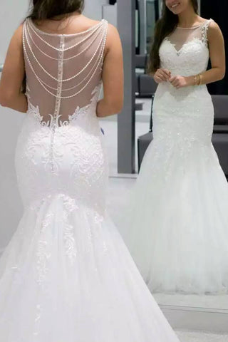 2024 Scoop sirena de tul vestidos de novia con apliques y cuentas