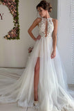 A Line Appliques Ivory Open Back Wedding Dresses, Vestidos de novia de Long Beach