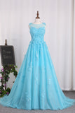 2024 Bateau A Line Prom Dresses Tulle con el tren de barrido Applique