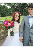 Elegante vestido de novia sin espalda de tul blanco con marco de cristal