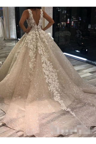 Vestido de novia de organza brillante con cuello en V y lentejuelas decoradas