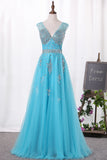 2024 V-Cuello A-Line Prom Dresses Tulle con Beadings abrir la cremallera hacia atrás