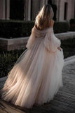 Princess Long Puff Sleeves Off The Shoulder Vestidos de novia de tul, vestidos de novia de playa