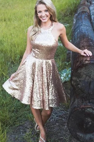 Halter Sequin A Line Backless Short Homecoming Vestidos