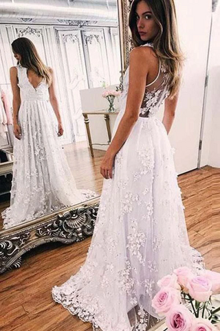 Vestido de novia de encaje con cuello en V sin mangas, vestido largo de novia con encaje