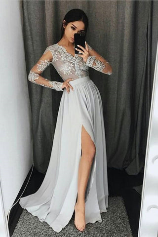 2024 V Neck manga larga Prom vestidos de gasa una línea con apliques y ranura