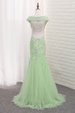 2024 Tulle Scoop sirena espalda abierta vestidos de baile con apliques Sweep Train