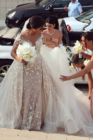 2024 Desmontable Vestidos de novia de tren Scoop vaina tul con apliques