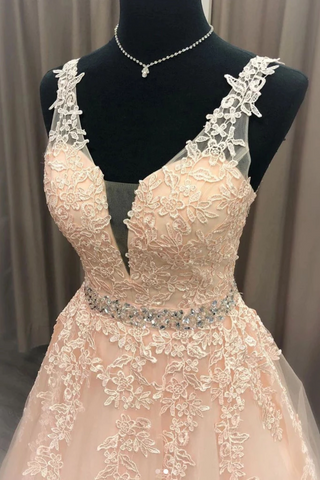 Vestido de fiesta de tul sin mangas con cuello en V hasta el suelo con apliques, vestido de quinceañera hinchado