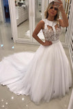 2024 una línea Scoop vestidos de novia tul con apliques y perlas tribunal tren