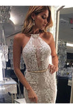 Vestido de novia sin mangas de encaje con cuello halter y apliques