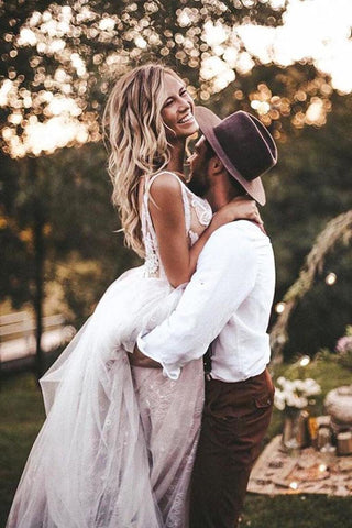 Vestido de novia de encaje sin mangas con cuello en V profundo con apliques, vestido de novia de tul