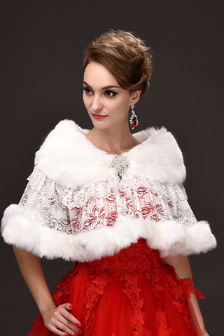 Bastante blanco Faux Fur & Lace abrigo de la boda con rebordear