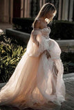 Princess Long Puff Sleeves Off The Shoulder Vestidos de novia de tul, vestidos de novia de playa