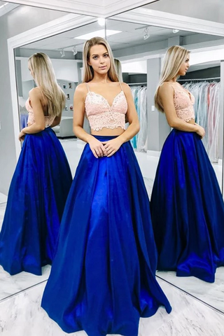 Vestidos de fiesta de raso de dos piezas, vestido de fiesta largo con correa de espagueti y corpiño de encaje