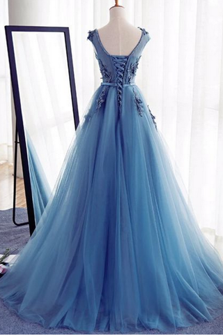 2024 Tulle Scoop con Applique y Sash Prom Dresses A Line Lace Up