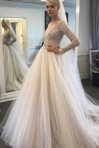 2024 mangas largas bateau vestidos de novia Tulle una línea con apliques tribunal tren