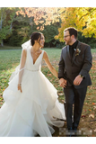 Vestido de novia de organza con cuello en V Vestido de novia con listones de volantes Vestido de novia de faja