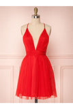 A Line V Neck Short Red / Burgundy Tulle Vestidos de baile Vestidos de Fiesta