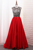 2024 A-Line Scoop Satin Prom Dresses Tulle Bodice Black Lentejuelas Hasta el suelo con bolsillo