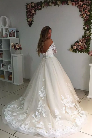 2024 vestidos de novia una línea cuello en V 3/4 mangas de longitud tul con apliques