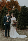 Vestido de novia de tren de corte sirena de encaje de manga larga primicia