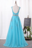 2024 V-Cuello A-Line Prom Dresses Tulle con Beadings abrir la cremallera hacia atrás