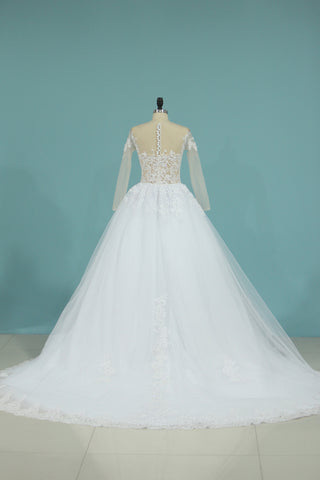 2024 Nueva A Line Scoop de manga larga vestido de novia Tulle con Applique