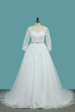 2024 Bateau Vestidos de novia Tulle A Line con apliques y perlas Court Train