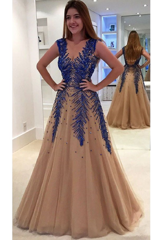 2024 Prom Dresses V cuello Tul con rebordear Sweep Tran A Line