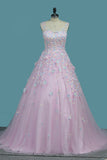 2024 Vestidos de quinceañera A-Line Tulle con apliques Sweep Train Zipper Volver