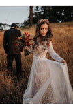 Vestidos de novia de manga larga Boho Vestidos de novia sin espalda de encaje bohemio