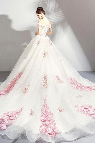 Vestido de novia de tul fuera del hombro con flores rosadas, vestido de novia