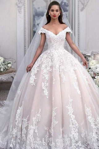 Vestido de novia de tul con hombros descubiertos y apliques, vestido de novia de princesa