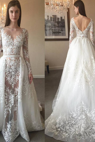 2024 Nueva llegada Scoop Neck vestidos de novia a través de Tulle con apliques y rebordear falda desmontable mangas largas