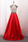 2024 A-Line Scoop Satin Prom Dresses Tulle Bodice Black Lentejuelas Hasta el suelo con bolsillo