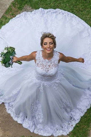 2024 Nueva cucharada-cuello A-Line tren de la corte del vestido de boda con Appliques