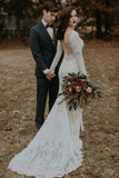 Vestido de novia de tren de corte sirena de encaje de manga larga primicia