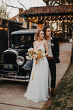 Elegantes vestidos de novia con cuello en V de tul de marfil con perlas, vestidos de novia de playa con espalda en V