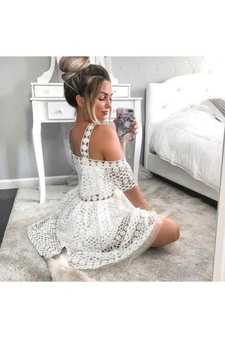 Lindo vestido de fiesta de encaje blanco de una línea, vestidos de fiesta cortos