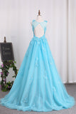 2024 Bateau A Line Prom Dresses Tulle con el tren de barrido Applique