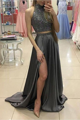 Dos piezas de abalorios grises Una línea larga Frente dividida Elegante vestidos de baile para adolescentes