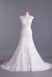 2024 Nuevo A-Line Wedding Dresses Bateau tribunal tren Botón cubierto de tul y encaje apliques