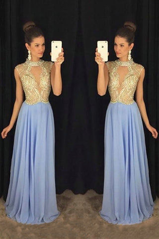 2024 Alto Cuello Prom Dresses Una línea de gasa con rebordear