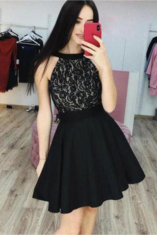 Vestidos de fiesta negros de encaje y gasa, un vestido de fiesta corto sin mangas de una línea