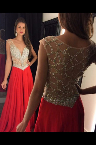 2024 Deep V Neck Prom Vestidos Una línea de gasa con cuentas